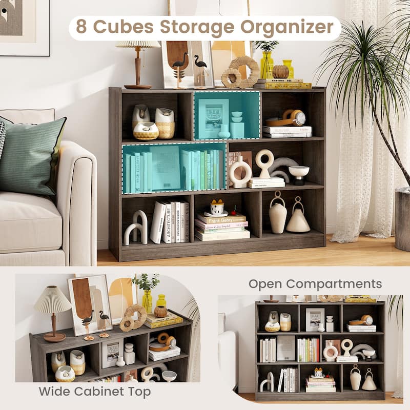 Freestanding 3-Tier Bookcase with 8 Open Cubes and Sturdy Screw Construction and Floor Protection