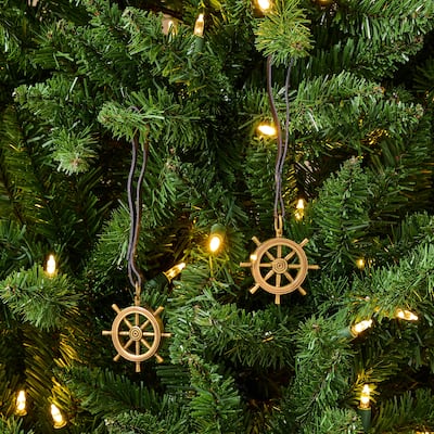 9" Brass And Leather Ships Wheel Ornament With Strap Set of 2