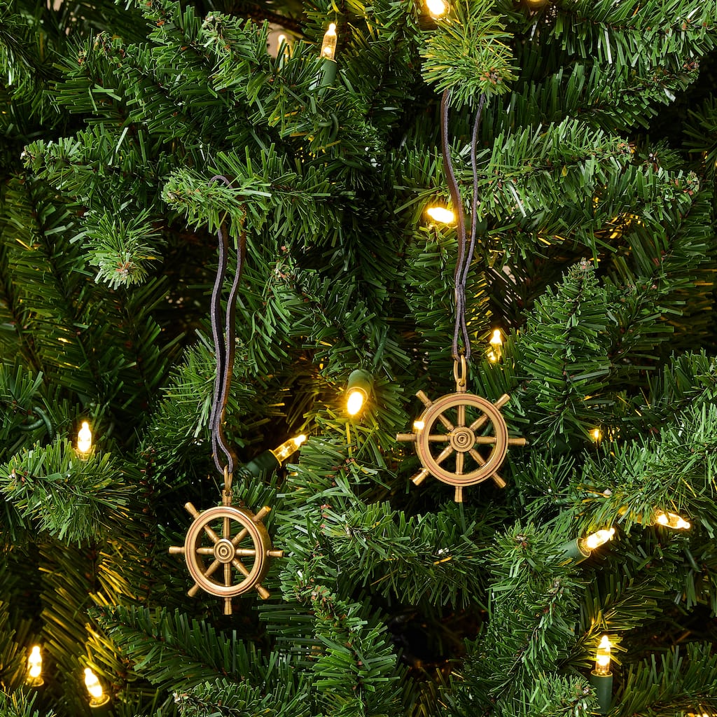 9" Brass And Leather Ships Wheel Ornament With Strap Set of 2