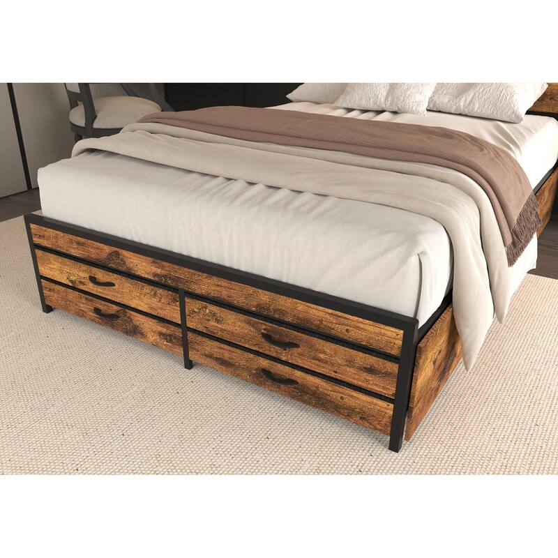 Full Size Bed Frame with 8 Storage Drawers, LED Headboard with Charging Station, Metal Platform Bed Frame