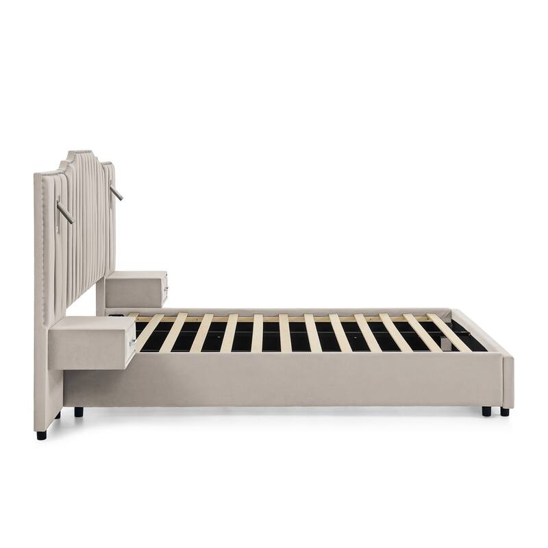 Queen Size Upholstered Bed Frame with Velvet Fabric, Vertical Stripe Design with Buttons Around Platform Bed