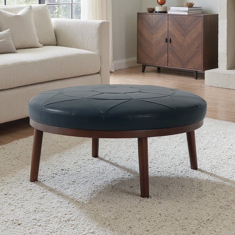 UIXE Full Grain Genuine Italian Leather Round Ottoman Modern Oversize Side Tble