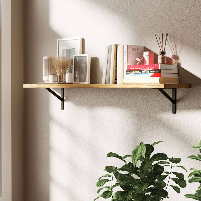 Wallniture Forme 48"-60" Long Floating Shelves for Living Room & Office Decor, Solid Wood Shelves, Wall Mounted, 1" Thick, Burnt - 48"