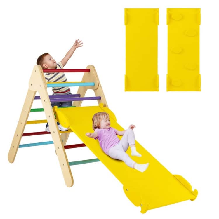 3-in-1 Wooden Climbing Triangle Set Triangle Climber with Ramp - 34" x 19" x 29" (L x W x H)