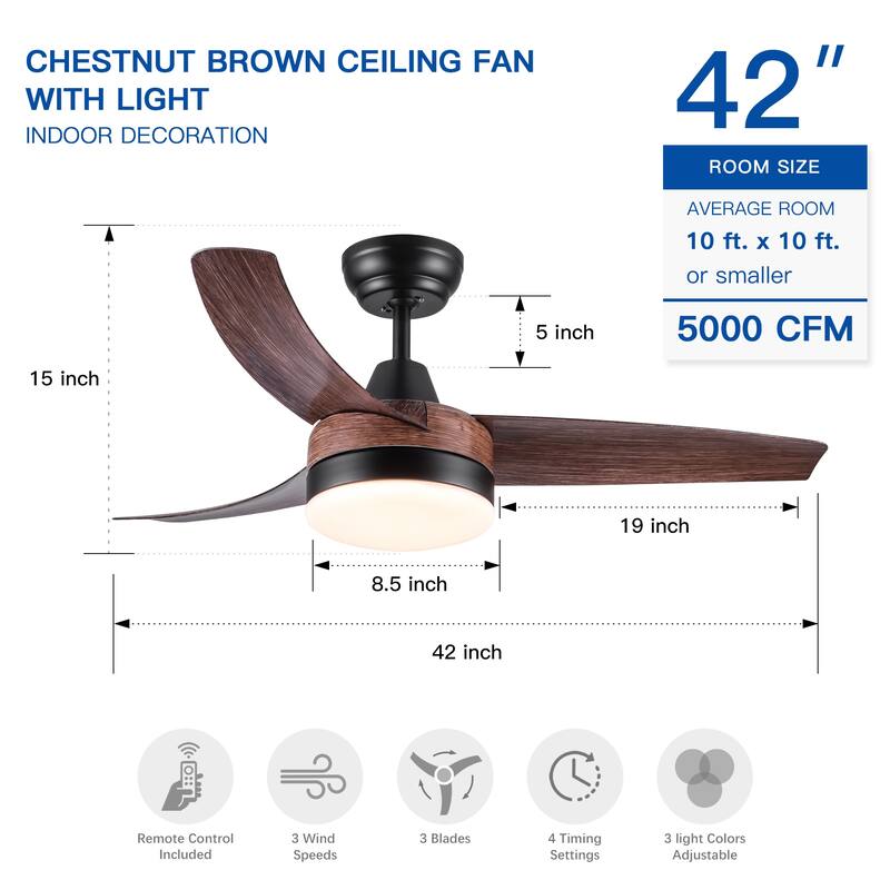 42" YUHAO Farmhouse Rustic LED Ceiling Fan with Brown Wood Grain ABS Blades and Remote Control