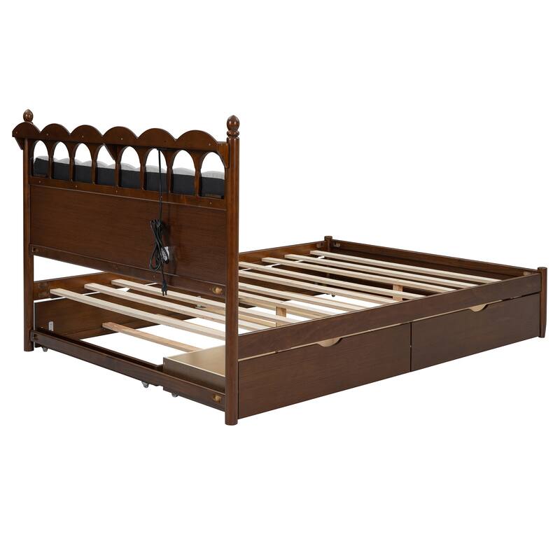 Queen Wooden Storage Platform Bed with Trundle, 2 Drawers, USB Sockets