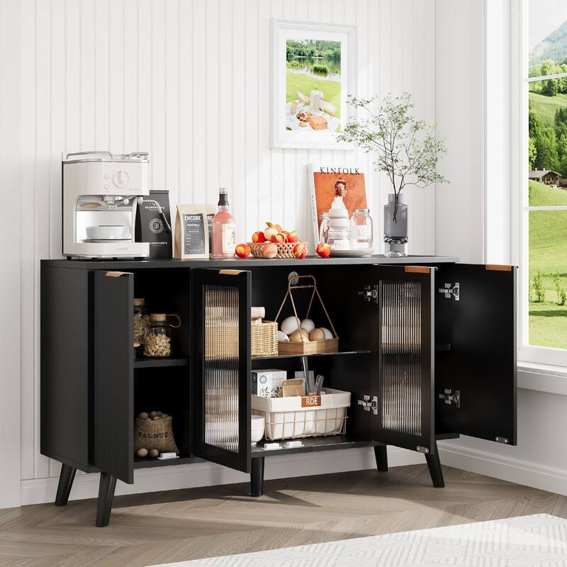 Fluted LED Sideboard Buffet Cabinet with Glass Doors, Modern Credenza Storage for Living Room, Kitchen & Entryway