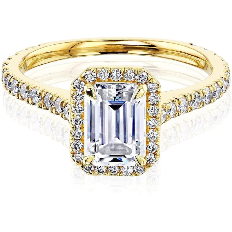 Annello by Kobelli 14k Gold Emerald Cut Forever One Moissanite Halo Engagement Ring (DEF/VS, DEF/VS) - Yellow - 6.5