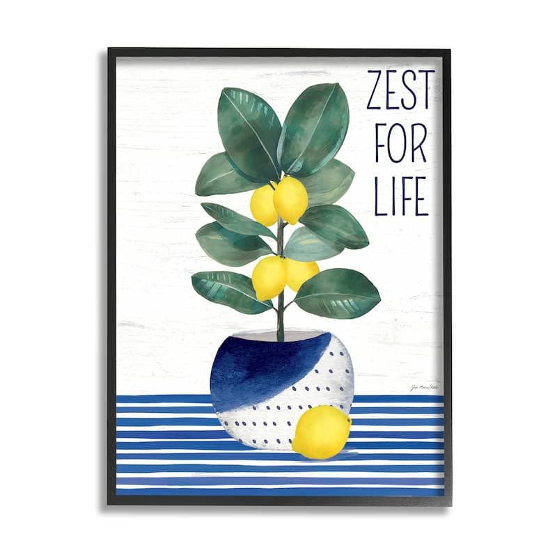 Stupell Zest For Life Lemon Plant Blue Stripes Framed Wall Art - 24 x 30 - Black