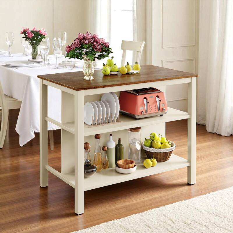 3-Piece Solid Wood 45" Table Set with 2 Stools, Counter Height Dining Set with Open Storage Shelves for Dining Room or Kitchen