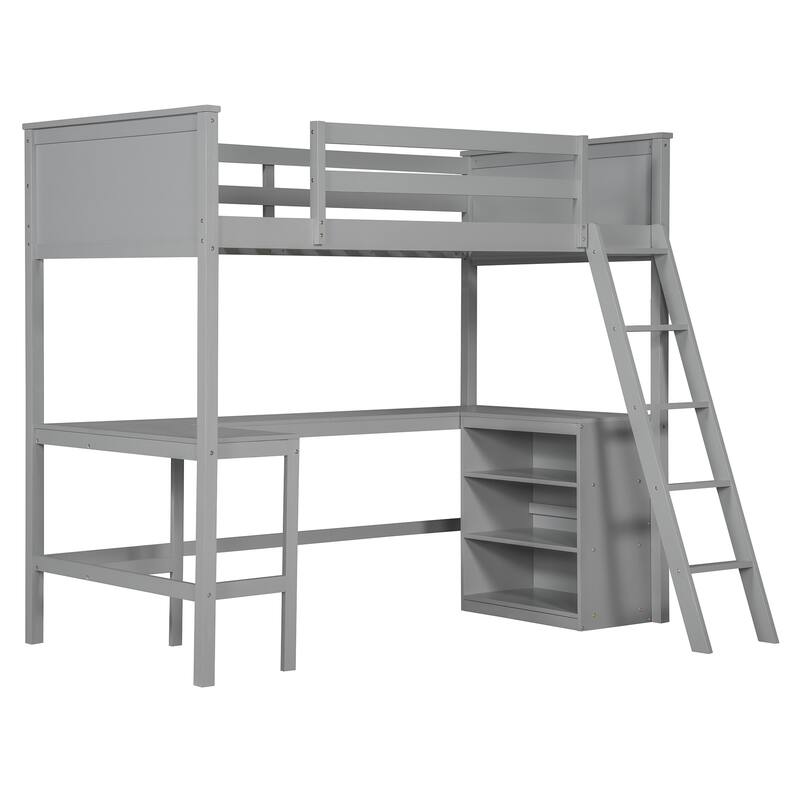 Space-Saving Twin Loft Bed with Desk and Shelves, Gray Finish