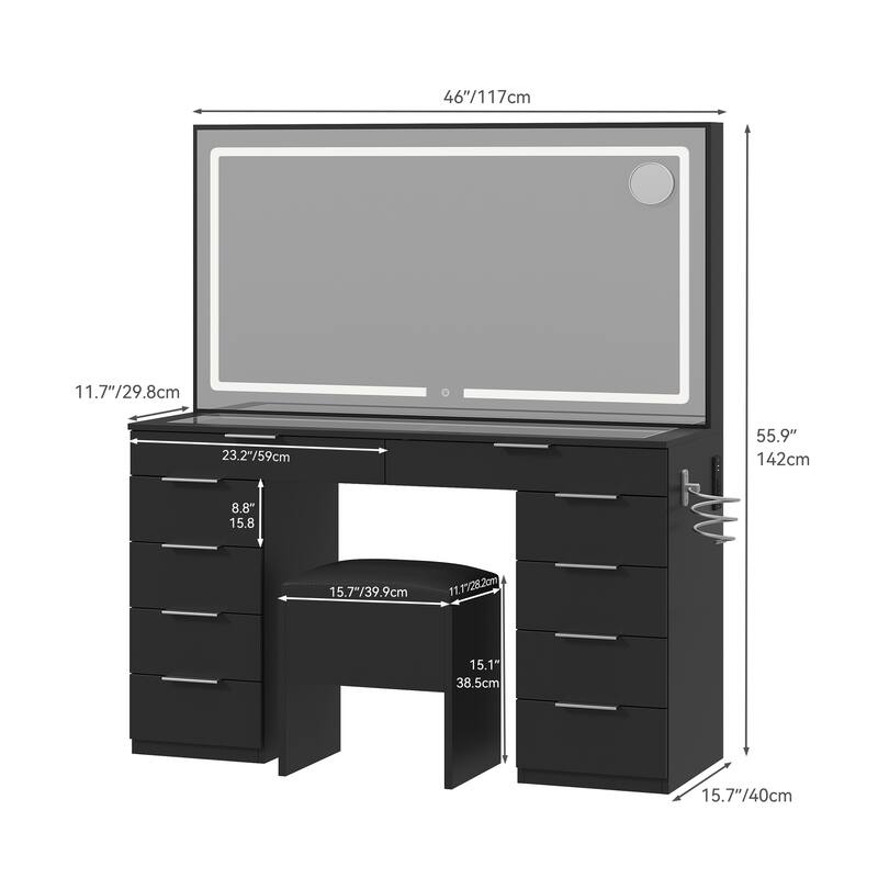 Moasis Black 10-Drawer Cosmetic Vanity Desk Set with Glass Tabletop Makeup Vanity with LED Strip