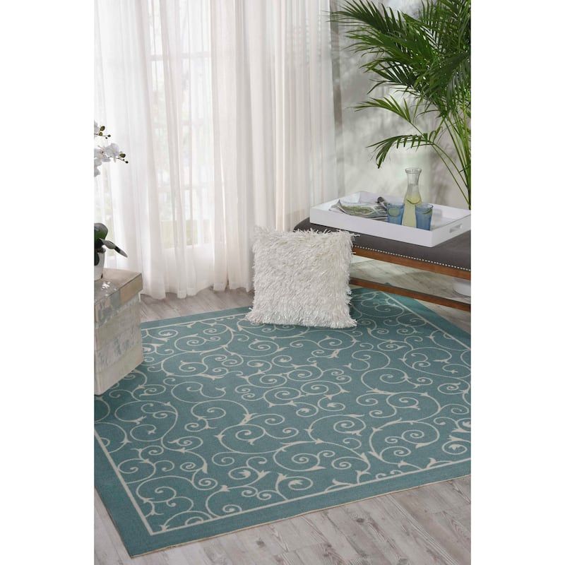 Nourison Scrolling Ivory Vines Indoor/ Outdoor Area Rug - 8'6" Square - Light Blue