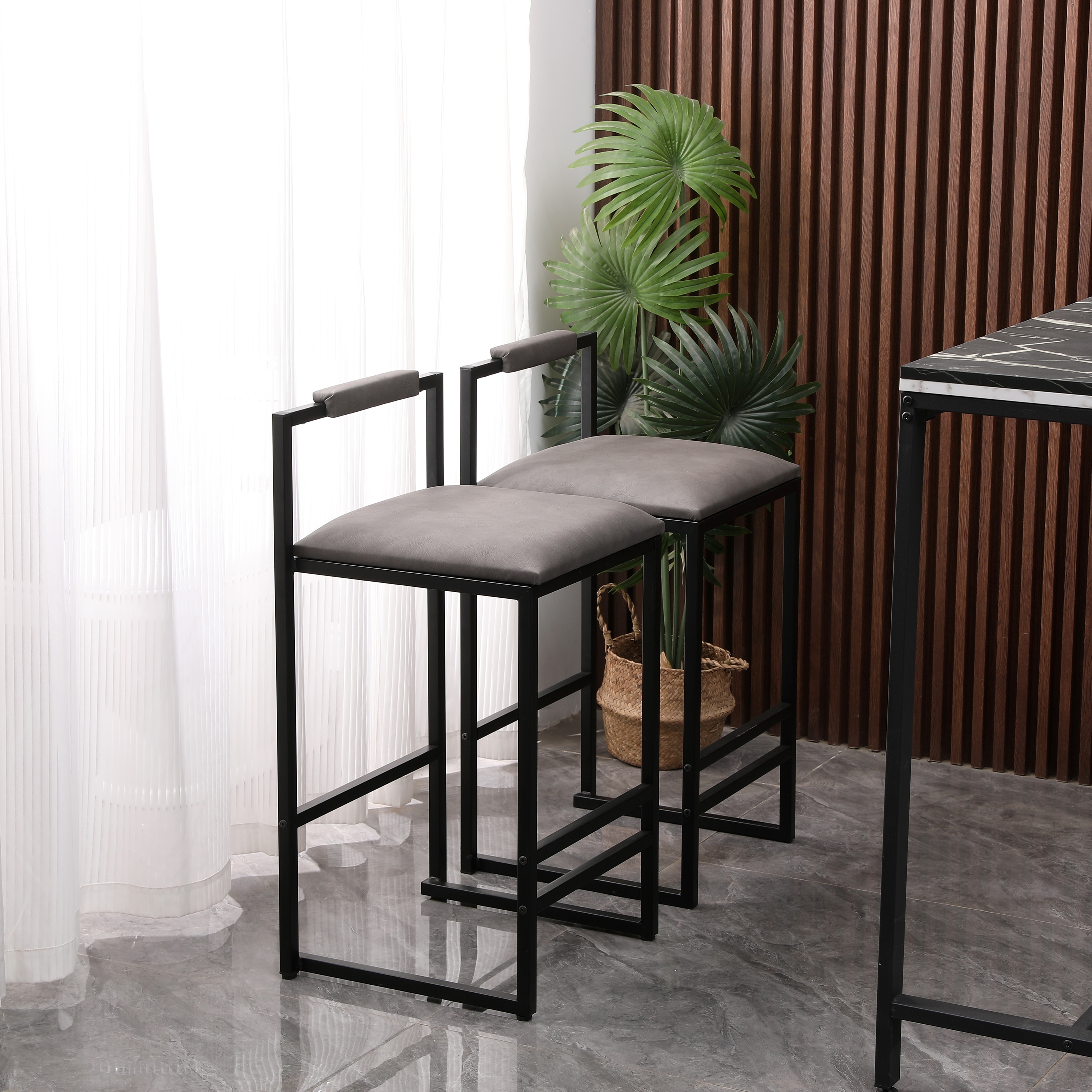 GDFStudio - Cavalli Modern Set of 2 Armless Counter Height Bar Stool with Faux Leather Upholstered Seat, Metal Frame & Backrest