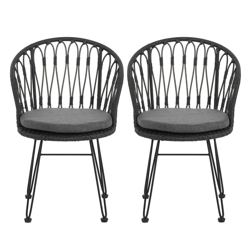 Roomfitters Set of 2 Boho Industrial Wicker Dining Chairs with Water-Resistant Cushions, Gray Rattan and Iron Hairpin Legs, Gray