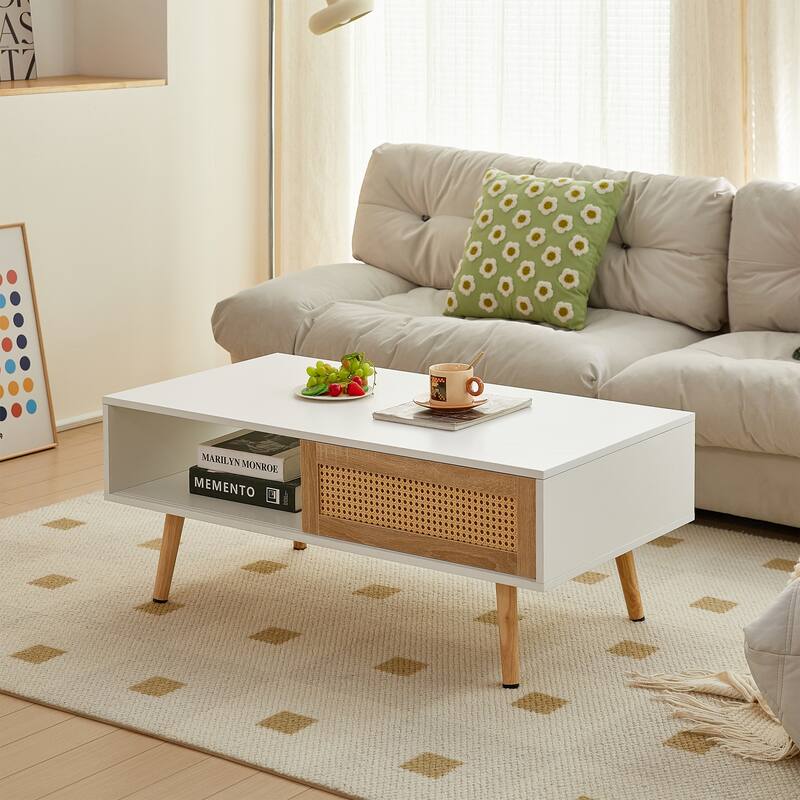 Rattan Coffee table, sliding door for storage - White