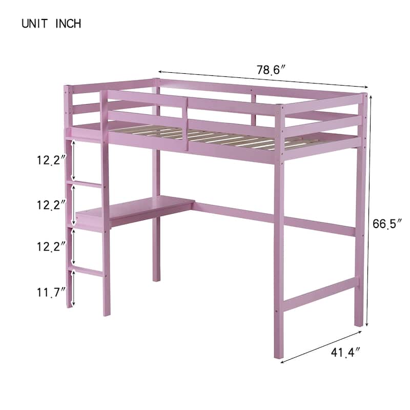 Pink Twin High Loft Bed with Safety Guardrail, Built-in Desk and Ladder, Rubber Wood Construction