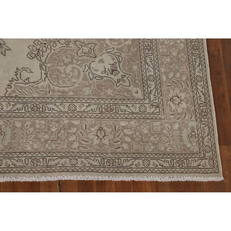 Beige Distressed Tabriz Vintage Persian Rug Hand-Knotted Wool Carpet - 6'9" x 9'6"