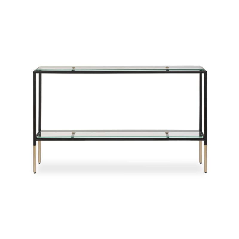 Beny Sofa Console Table, 48 Inch Glass Top, 1 Shelf, Modern Black Iron