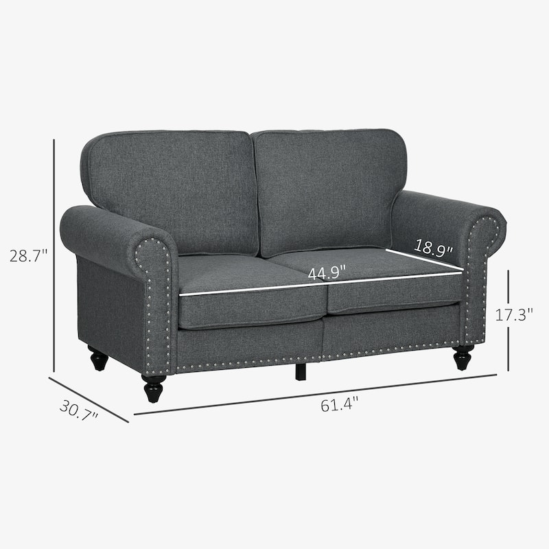 HOMCOM 61" Loveseat Sofa, Mid Century Modern 2 Seater Small Couch with Nailhead Trim, Rolled Arm, Fabric Upholstered Love Seat