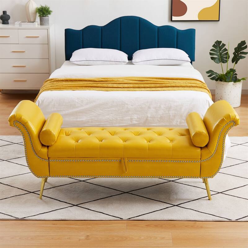 Armed Ottoman Bench PU Leather Bench Button Tufted Sofa Stool Bench Footrest Stoolfor Entryway, Living Room and Window