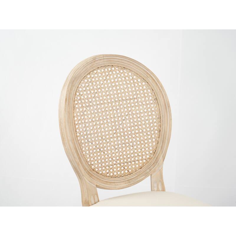 Rattan Oval Back Dining Chairs, Beige Upholstered Fabric Bistro Chair, Farmhouse Rubber Wood Banquets Seating Chairs Set of 2