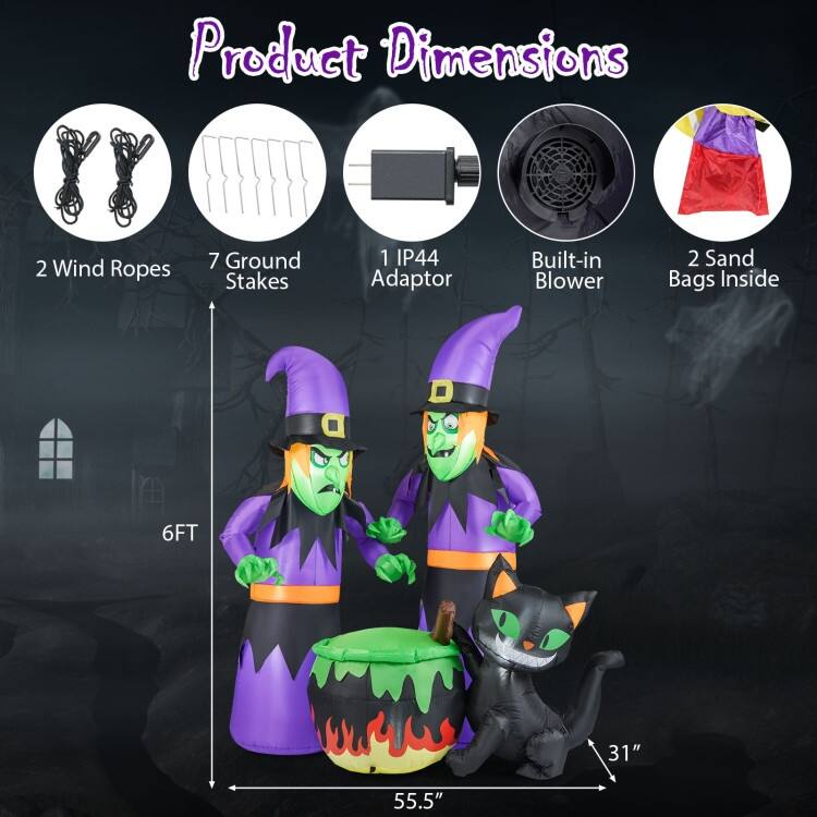 Multi-Color Polyester 6Ft Inflatable Halloween Witches with LED Lights and Black Cat