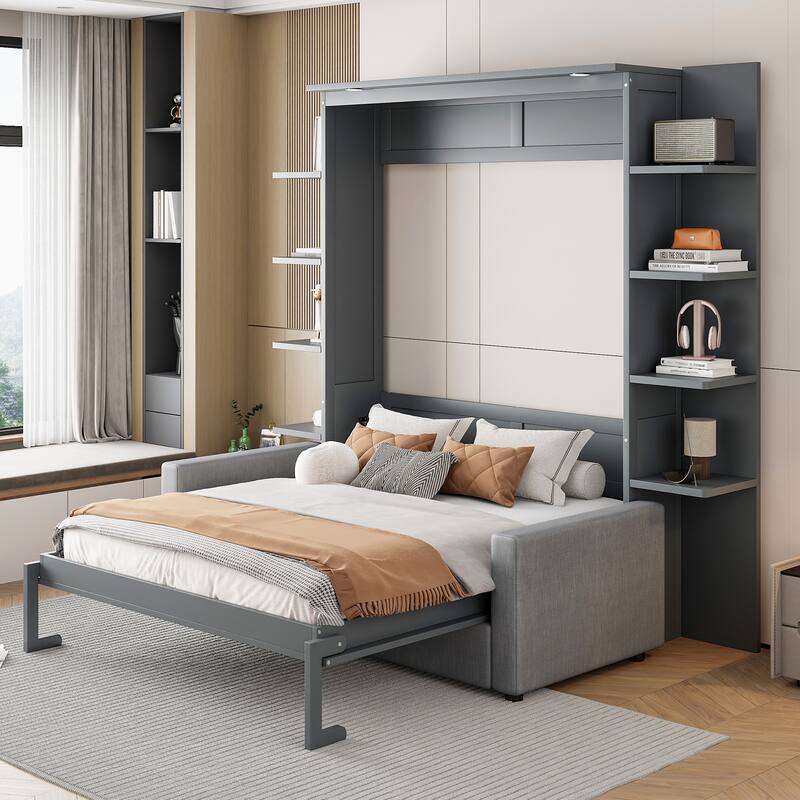 Queen Size Murphy Bed with Sofa - Convertible Wall Bed with Built-In Sofa for Living Rooms & Studio Apartments - Grey