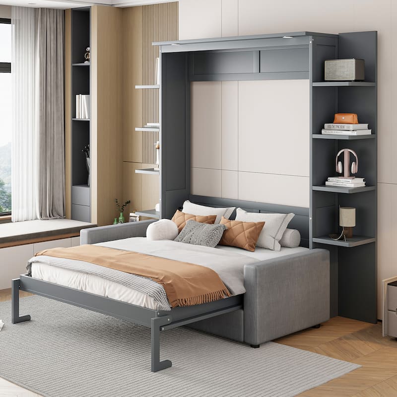 Space-Saving Queen Size Murphy Wall Bed with Sofa and Storage Shelves, LED Lights, and Foldable Cushions