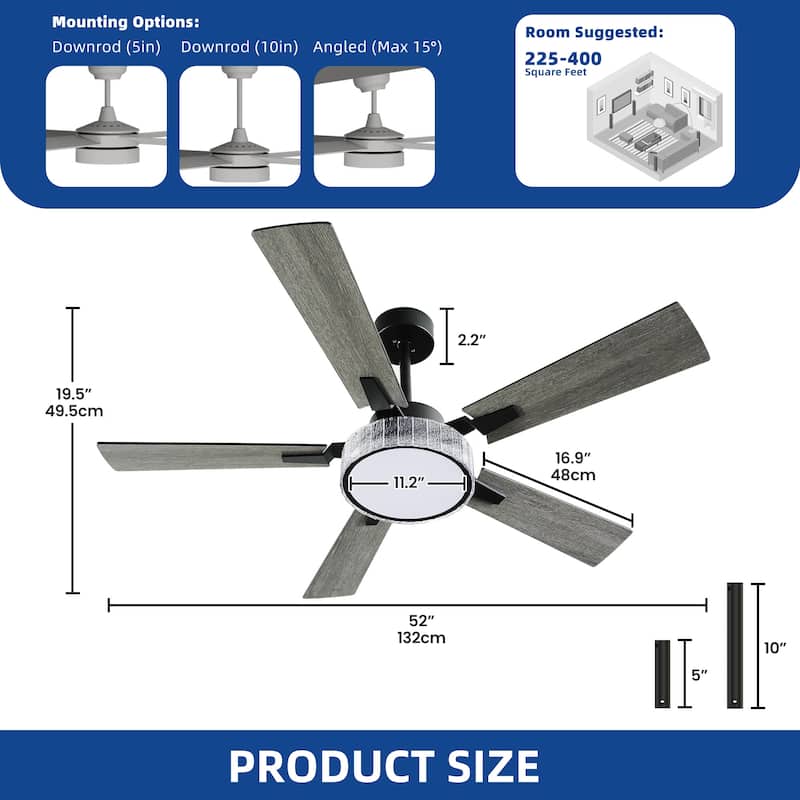 Moasis 52 Inch 5-Blade Crystal Chandelier Ceiling Fans with Lights and Remote Control - 52 Inches