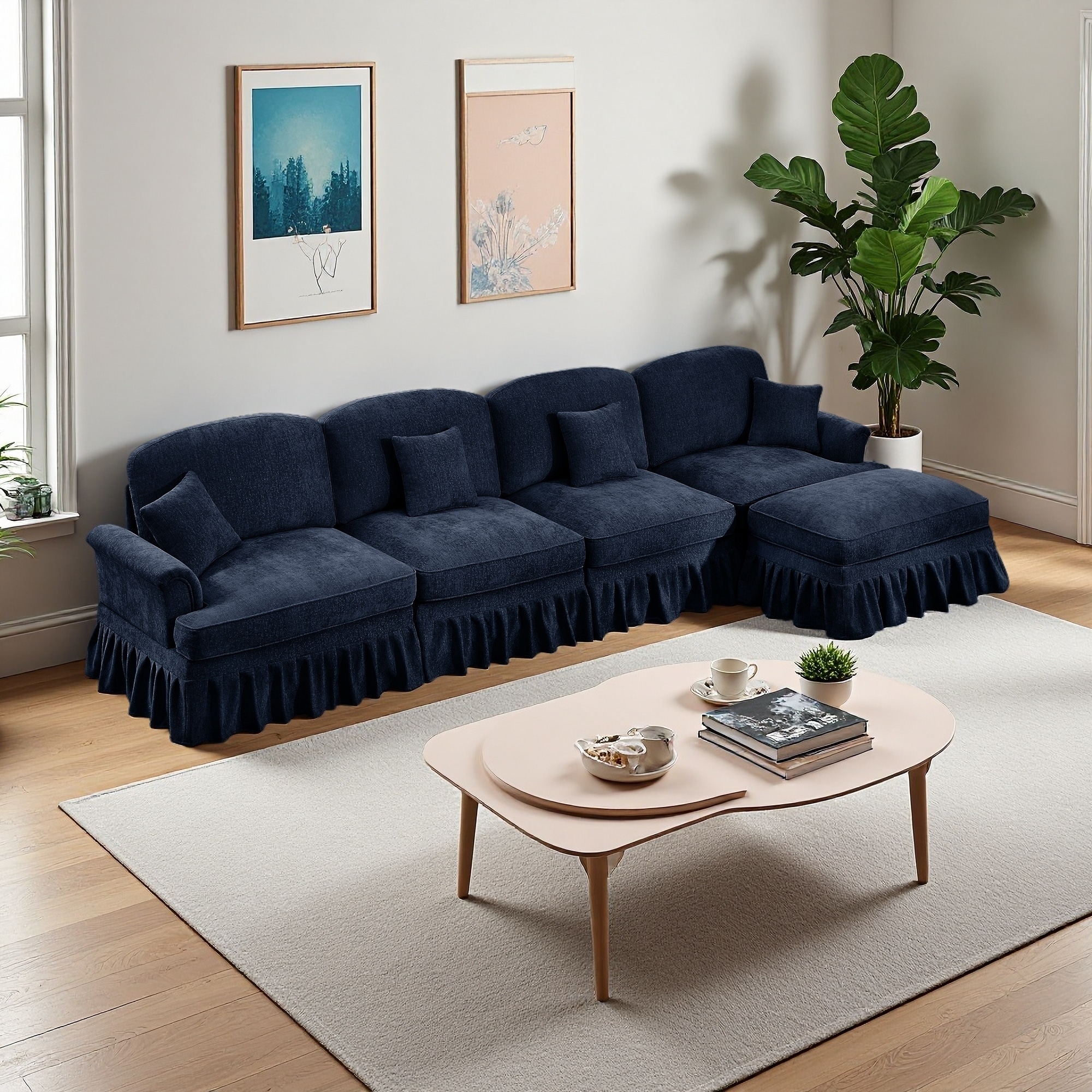 137.8" Chenille L-Shaped 4-Seater Modular Sectional Sofa with Flared Arms, Skirt & Movable Ottoman