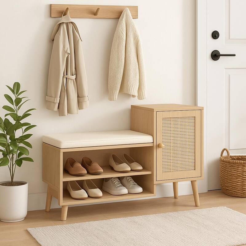 Homy Casa 2-in-1 Entryway Accent Storage Cushion Bench with Rattan Cabinet