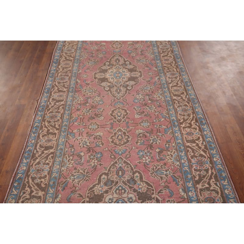 Pink Kashan Persian Vintage Runner Rug Handmade Wool Carpet - 3'11" x 12'9"