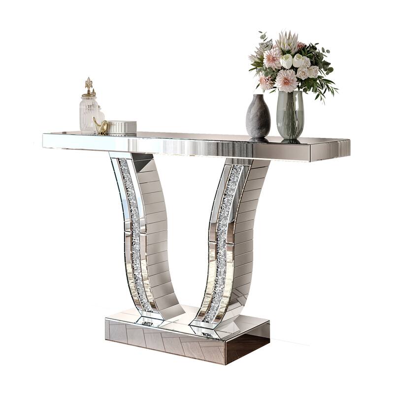 43 Inch Mirrored Console Table, Modern Silver Entryway Sofa Table with Curved Stone-Inlaid Legs, Silver Glam Entryway Table
