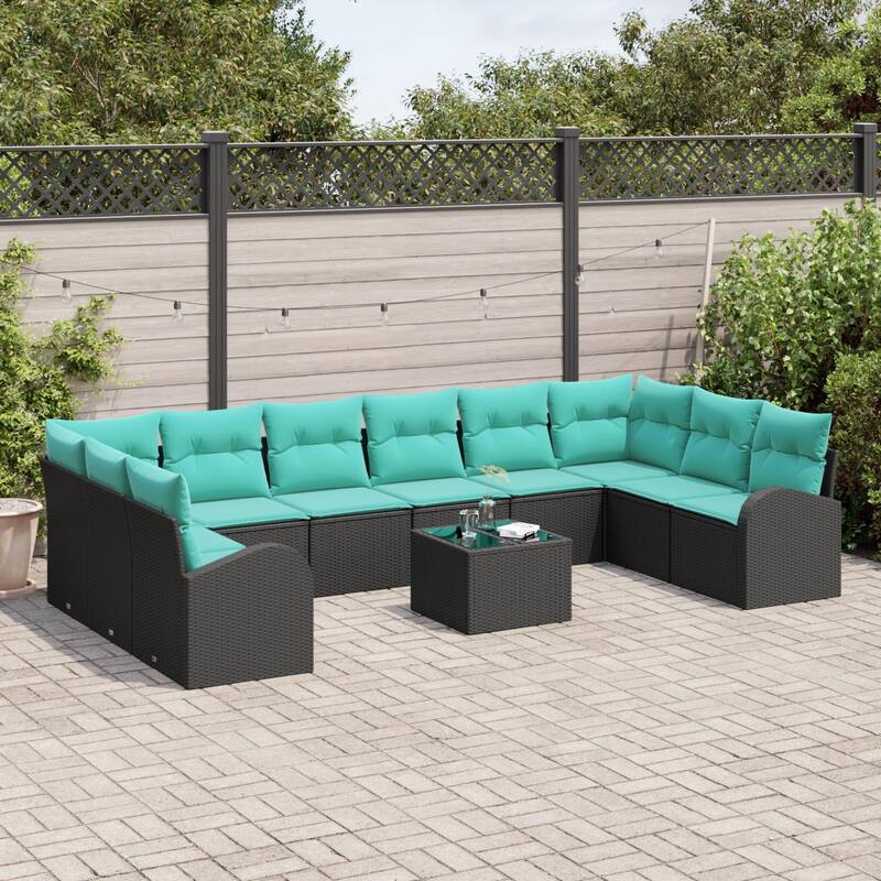 vidaXL 11 Garden Sofa Set with Cushions Black Poly Rattan - 135.4 x 70.5 x 27.2