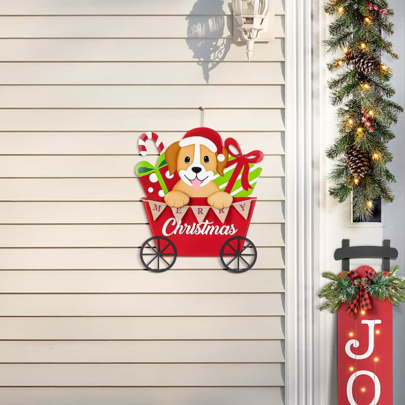 Glitzhome 24"H Metal Christmas Dog and Gift Cart Yard Stake Wall Decor - Multi
