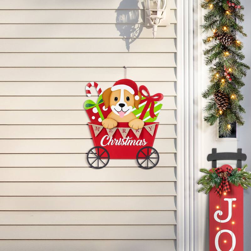 Glitzhome Metal Snowman Santa Yard Stakes Christmas Dog and Gift Cart Wall Decor