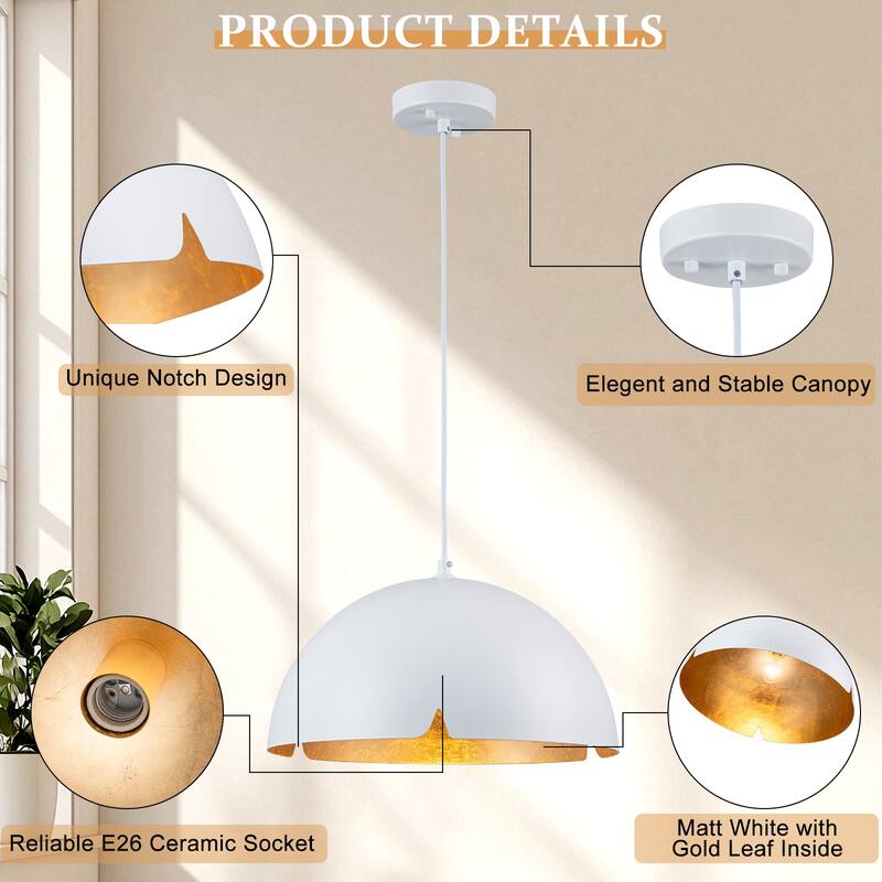 Modern 15" Iron Dome Pendant Light with Gold Foil Interior - Dia.15-in