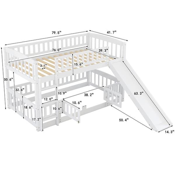 Twin Over Twin Low Bunk Bed with Slide, with Fence and Ladder for Toddler Kids Teens