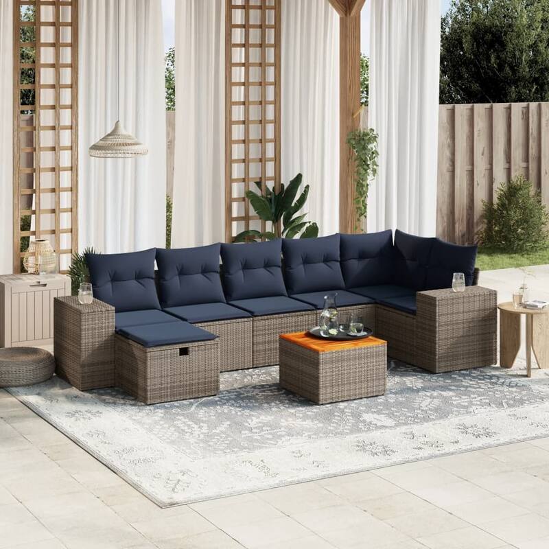 vidaXL Patio Sofa Set with Cushions Outdoor Furniture 8 Piece Poly Rattan - 24.4" x 24.4" x 27.2" - Gray corner+3x middle + 2x sofa + table