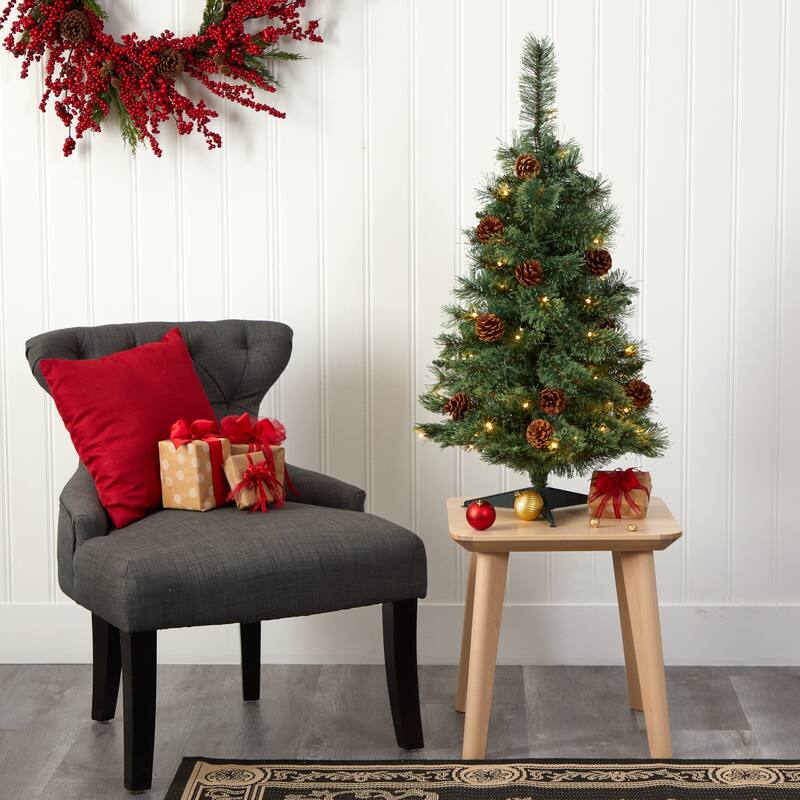 3’ Pre-Lit Mountain Pine Artificial Christmas Tree, Clear LED Lights - 3 Foot