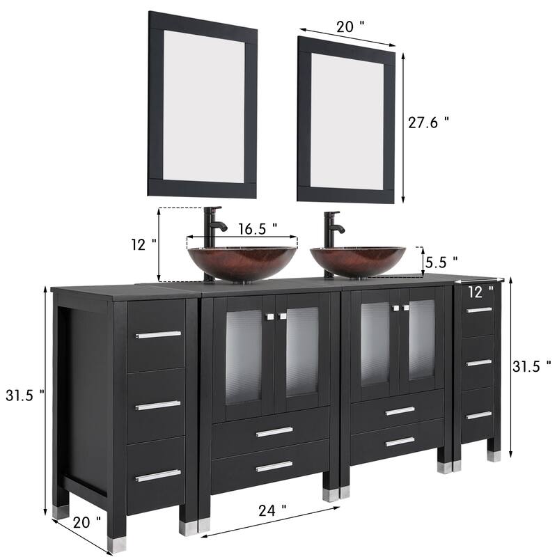 72" Bathroom Vanity Set with Vessel Sink Side Cabinet Combo - brown round sink - Black