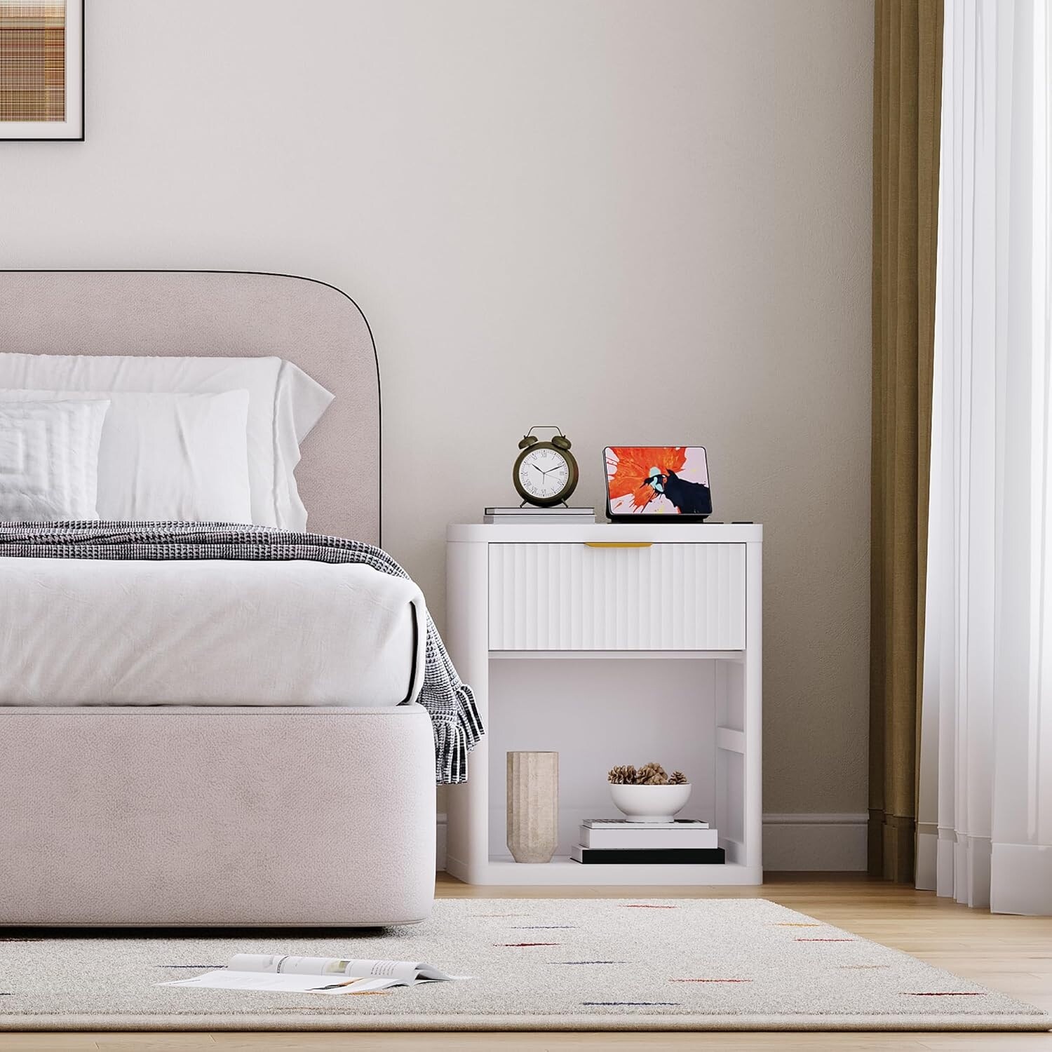 Fluted Nightstand Charging Station, Mid Century Modern Bedside Table with Drawers and Open Shelf