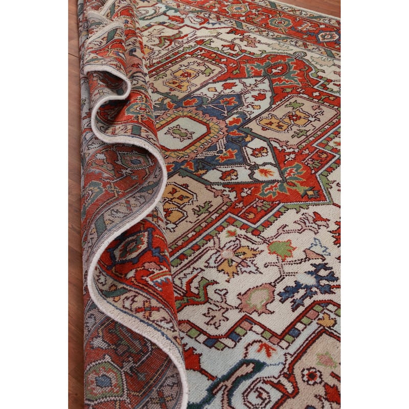 Hand Knotted Oriental 100% Wool Carpet Traditional Medallion Beige & Ivories Heriz (serapi) Area Rug - 12' 0'' X 9' 1''