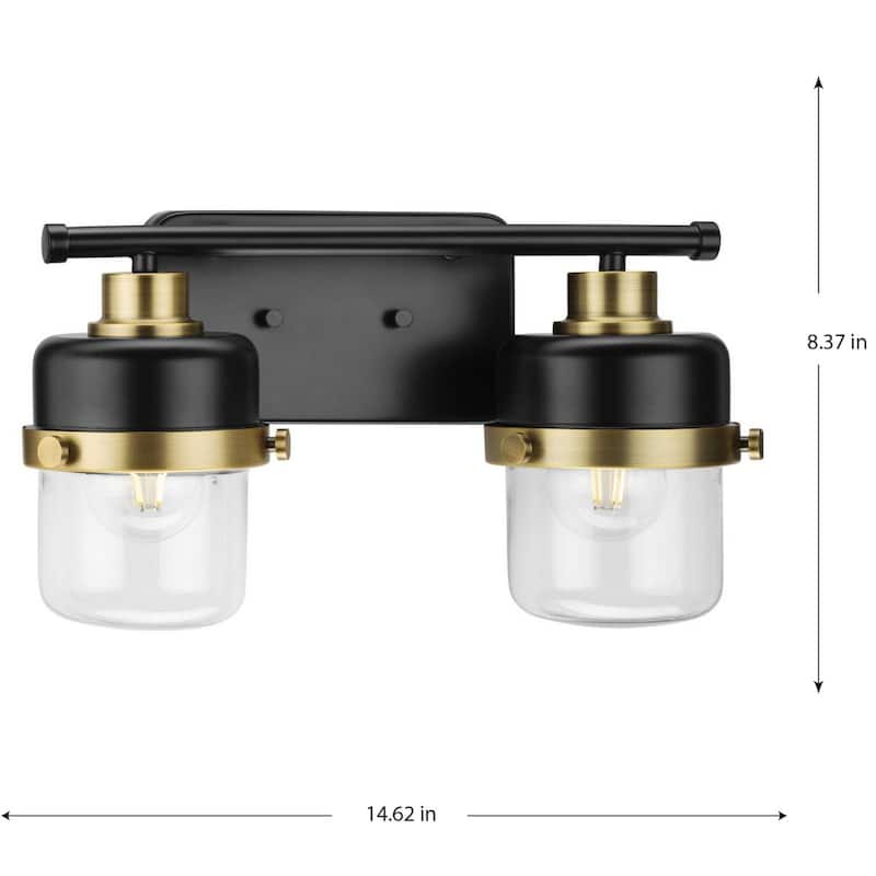 Beckner Collection Two-Light Matte Black Clear Glass Urban Industrial Bath Light with Vintage Brass Accents