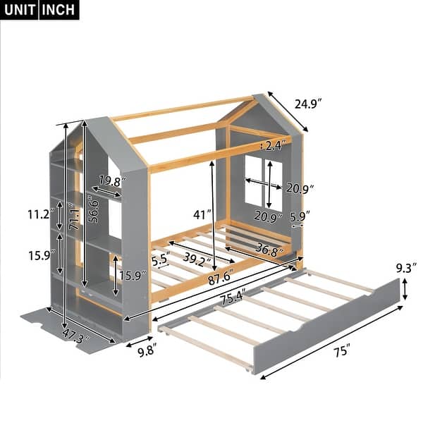 Twin Size House Platform Bed with Storage Shelves and Trundle