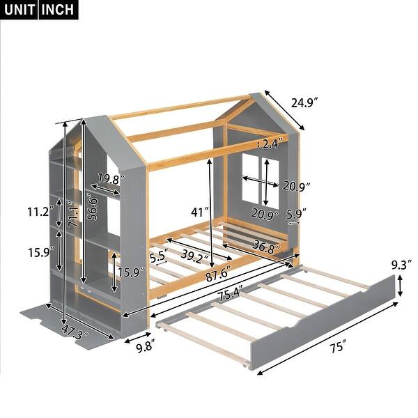 Twin Solid Pine House Platform Bed with Trundle, Storage Shelves