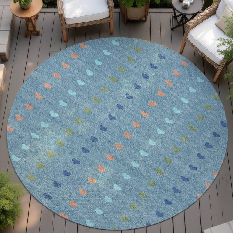 Machine Washable Indoor/ Outdoor Modern Hearts Chantille Rug - Teal - 8' x 8'