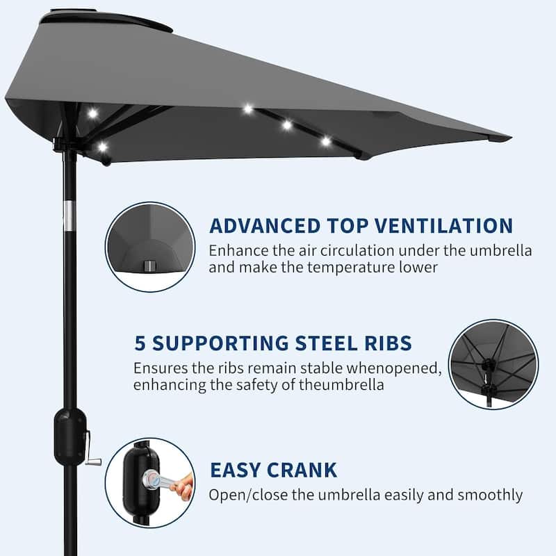 9ft Outdoor Patio Half Umbrella, with Solar LED Lights and Smooth Crank Lift