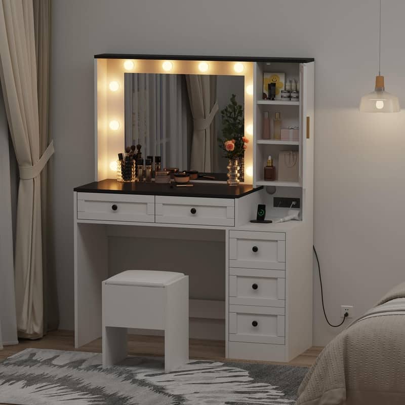 Lighted Makeup Vanity Desk with 10 LED Lights, 3 Colors, Charging Station & Stool